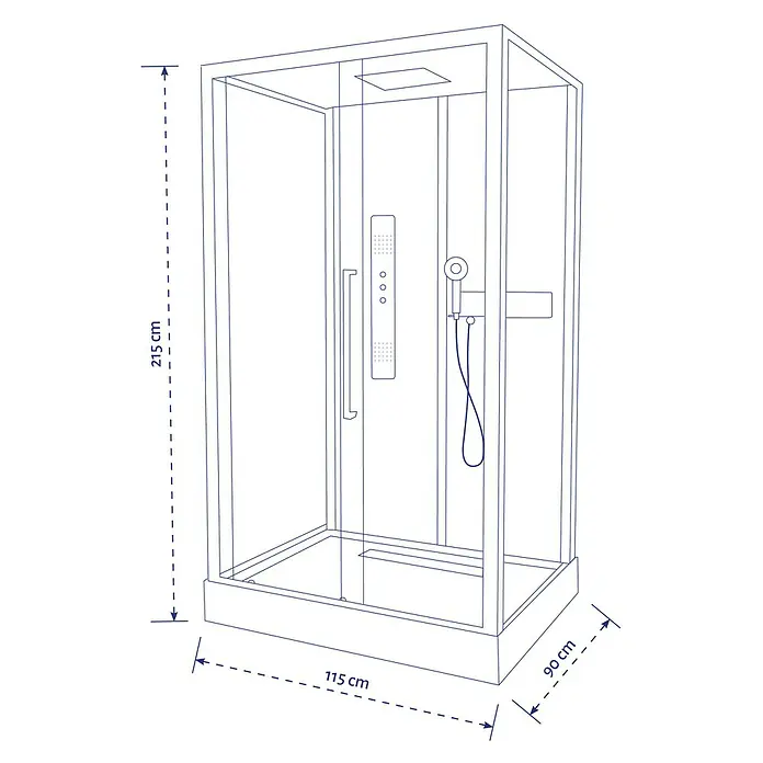 Aurlane Komplettdusche Urban 2 Front - 90 x 115 x 215 cm, Weiß/Schwarz - Abbildung einer Duschkabine mit den Maßen 215 cm Höhe, 115 cm Breite und 90 cm Tiefe.