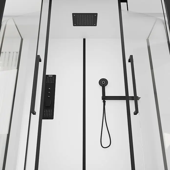 Aurlane Komplettdusche Urban 2 XXL - 85 x 160 x 217 cm, Weiß/Schwarz - Detailaufnahme einer modernen Duschkabine mit schwarzen Armaturen, inklusive Duschkopf und Paneel.