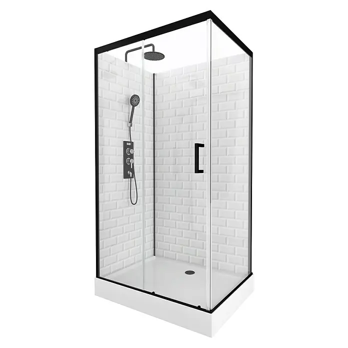 Aurlane Komplettdusche Metro 110 - 80 x 110 x 230 cm, Weiß/Schwarz/Silber - Duschkabine mit klaren Glaswänden und schwarzem Rahmen. Die Duschkabine hat eine weiße Wanne und weiße Ziegelwände.