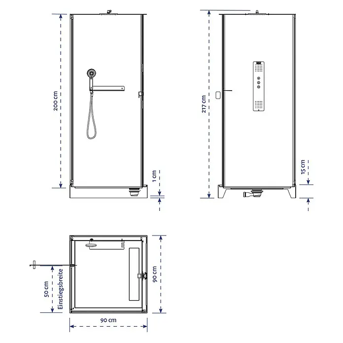 Aurlane Komplettdusche Urban 2 Square - 90 x 90 x 215 cm, Weiß/Schwarz - Produktabbildung mit den Maßen 90x90x217cm, 50cm Einstiegsbreite und 1cm bis 15cm Höhe.
