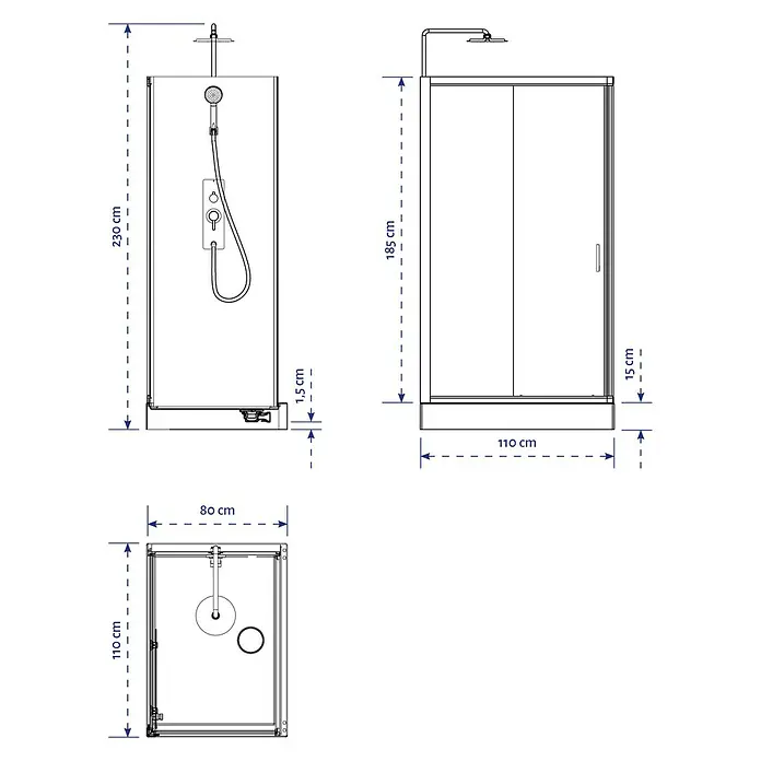 Aurlane Komplettdusche Metro 110 - 80 x 110 x 230 cm, Weiß/Schwarz/Silber - Schematische Darstellung einer Duschkabine mit Maßangaben zu Höhe, Breite und Tiefe für Installationszwecke.