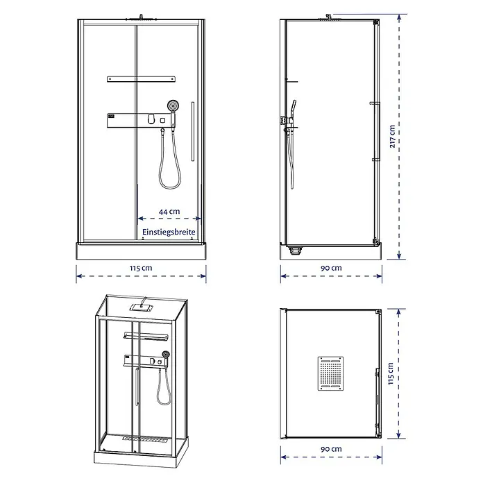 Aurlane Komplettdusche Phantom 3 - 90 x 115 x 217 cm, Weiß/Schwarz - Abbildung einer Duschkabine mit Maßangaben, die die Breite, Höhe und Tiefe sowie die Breite des Einstiegs zeigen.