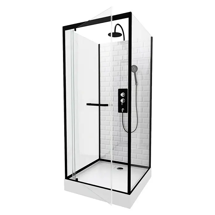 Aurlane Designdusche Metro 90 - 90 x 90 x 225 cm, Weiß/Schwarz/Silber - Schwarz umrandete Duschkabine mit Handbrause, Kopfbrause und Armatur an weißer Ziegelwand für ein modernes Badezimmer.