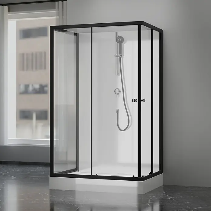 Aurlane Komplettdusche Black Magic - 80 x 110 x 200 cm, Weiß/Schwarz/Silber - Bild eines quadratischen Duschkabine mit schwarzem Rahmen und transparenten Glaswänden in einem modernen Badezimmer.