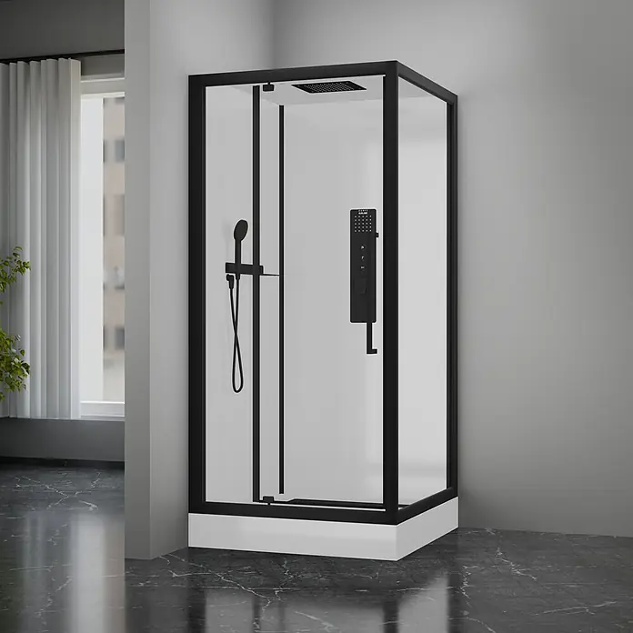 Aurlane Komplettdusche Urban 2 Square - 90 x 90 x 215 cm, Weiß/Schwarz - Abbildung einer modernen Duschkabine mit schwarzem Rahmen und digitaler Steuerung, ideal für stilvolle Badezimmer.