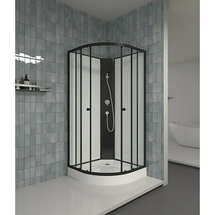 Aurlane Komplettdusche Black & White - 85 x 85 x 200 cm, Weiß/Schwarz - Bild eines modernen Badezimmers mit einer eleganten, schwarzen Duschkabine, die das Badezimmer aufwertet und einen Hauch von Luxus verleiht.