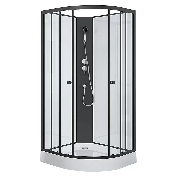 Aurlane Komplettdusche Black & White - 85 x 85 x 200 cm, Weiß/Schwarz - Quadrant-Duschkabine mit schwarzem Rahmen, Klarglas, weißer Duschwanne und anthrazitfarbenem Duschpaneel.