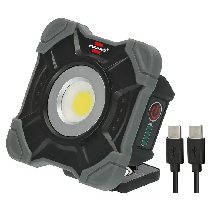 Brennenstuhl LED-Akkustrahler - 10 W, 1.000 lm, 6.500 K, 6,5 x 12,5 x 12 cm, IP54 - Dunkelgraue Brennenstuhl Arbeitsleuchte mit leuchtender gelber COB-LED, Batterieanzeige und zwei USB-C Ladekabeln.