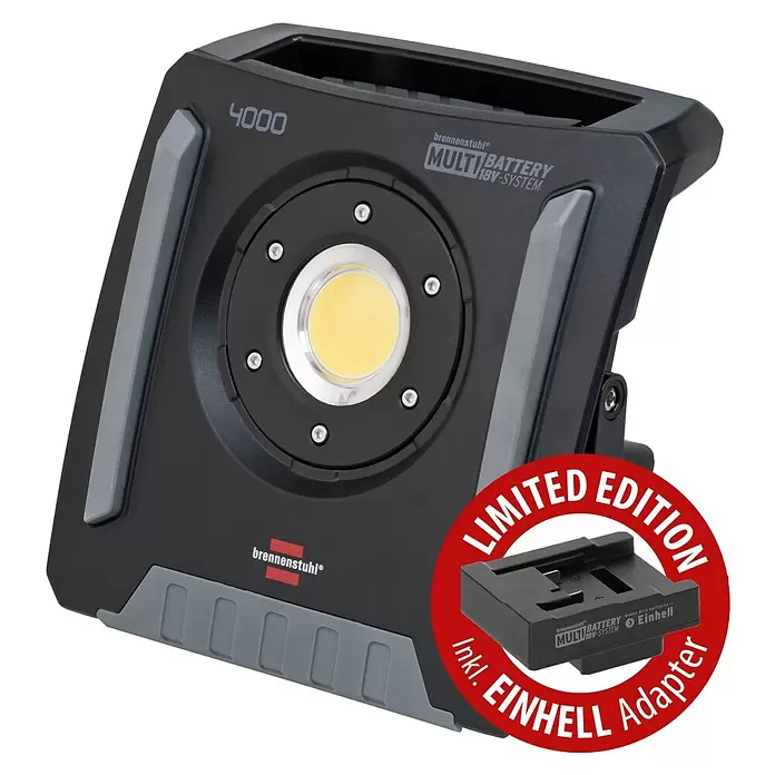 Brennenstuhl LED-Akkustrahler - 40 W, 4.500 lm, 6.500 K, 15,5 x 23,5 x 24,5 cm, IP65 - Schwarze und graue brennenstuhl LED-Arbeitsleuchte mit Multi-Akku-System, gelber LED und rotem 'LIMITED EDITION' Aufkleber inklusive Einhell-Adapter.