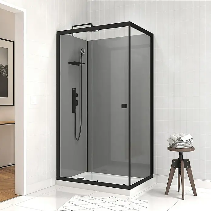 Aurlane Komplettdusche Grey Touch Rectangle - 80 x 110 x 215 cm, Grau/Schwarz/Weiß - Ein stilvolles, modernes Badezimmer mit einer Duschkabine mit schwarzem Rahmen, die Eleganz und Funktionalität vereint.
