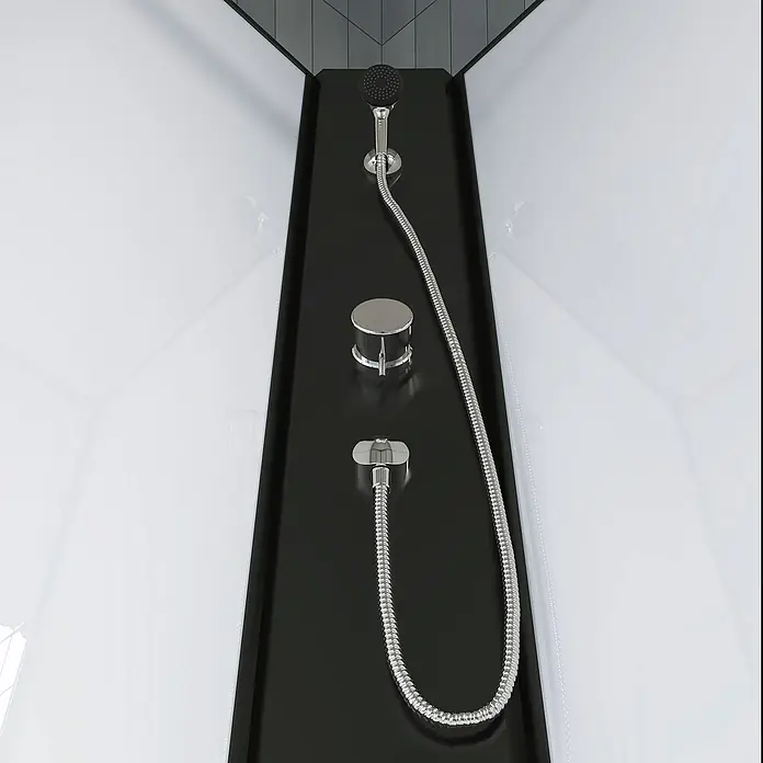 Aurlane Komplettdusche Black & White - 85 x 85 x 200 cm, Weiß/Schwarz - Elegante Duscharmatur mit Handbrause, Temperaturregler und Brausehalterung auf einer schwarzen Duschwand.