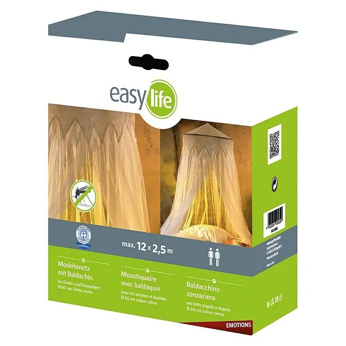 Easy Life Emotions Moskitonetz Country - Ø x L: 1.200 x 250 cm, Farbe Netz: Weiß - Verpackung eines Moskitonetzes mit Baldachin für Einzel- und Doppelbetten, Farbe Creme, mit den Maßen maximal 12 x 2,5 m.