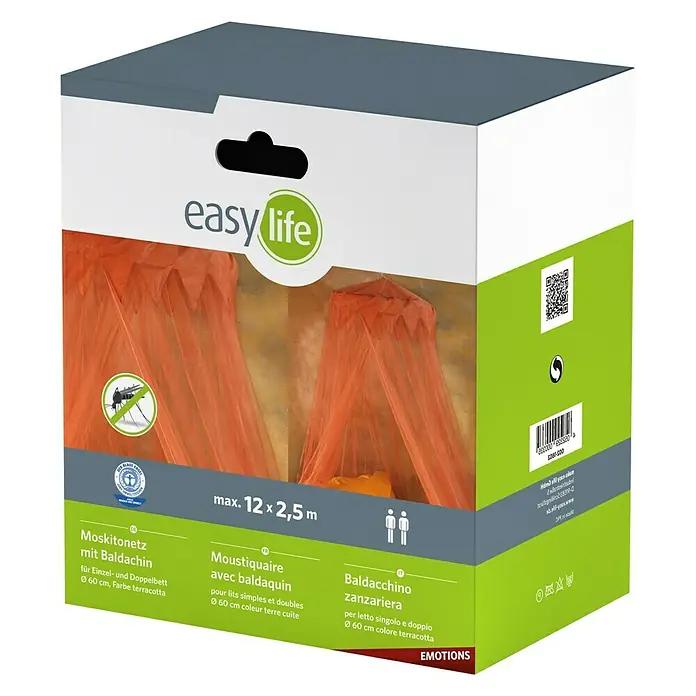 Easy Life Emotions Moskitonetz Orient - Ø x L: 1.200 x 250 cm, Farbe Netz: Orange - Bild einer Verpackung für ein terracottafarbenes Moskitonetz mit Baldachin, geeignet für Einzel- und Doppelbetten bis max. 12 x 2,5 m.