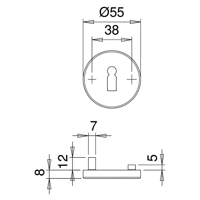 Portaferm Schlüsselschild Est - Durchmesser Rosette: 55 mm, Buntbart, Silber - Technische Zeichnung eines Türbeschlags mit den Maßen Ø55, 38, 7, 12, 8 und 5.