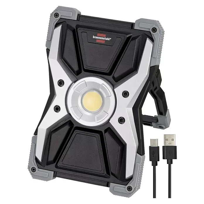 Brennenstuhl Mobiler LED-Strahler Rufus - Akkubetrieben, 30 W, L x B x H: 5 x 14 x 21 cm, IP65 - Schwarze und silberne tragbare LED-Arbeitsleuchte mit Ladekabeln.