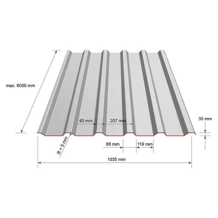 Metdach Dachblech TR35 - 300 cm x 103,5 cm x 0,5 mm, Anthrazit - Graues Wellblech mit Maßangaben für Länge, Breite und Profil.
