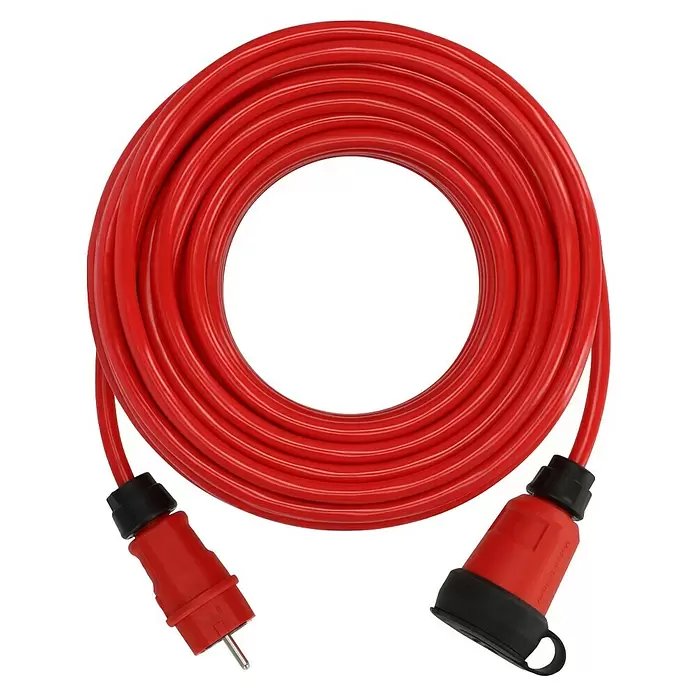 Brennenstuhl Verlängerungskabel BREMAXX-PUR - 25 mm, Rot, IP44, H07BQ - Rotes, aufgerolltes Verlängerungskabel mit zwei elektrischen Steckern.