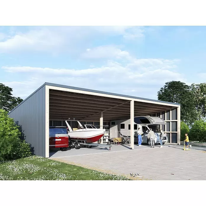 Metdach Dachblech TR35 - 300 cm x 103,5 cm x 0,5 mm, Anthrazit - Großer offener Carport aus Holz mit Wellblechverkleidung, bietet Platz für Auto, Boot und Wohnmobil.