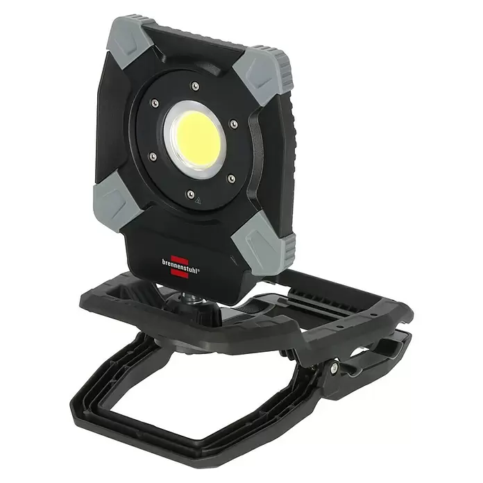 Brennenstuhl LED-Baustrahler - 6.800 lm, 6.500 K, 18 x 11 x 28,6 cm, IP65 - Dunkelgrauer und schwarzer LED-Arbeitsscheinwerfer auf Klappständer mit integrierter Klemme, ideal für mobile Beleuchtung.