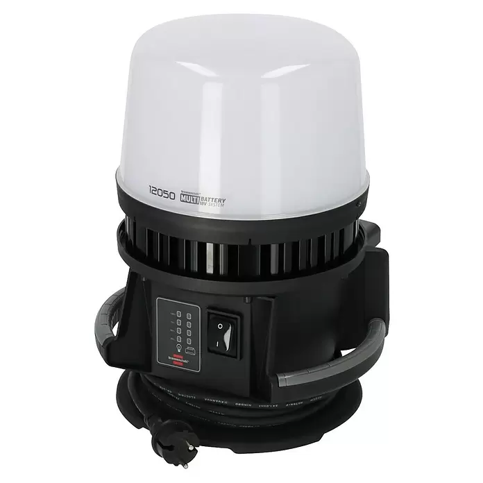 Brennenstuhl Mobiler LED-Strahler Multi Battery Hybrid - L x B x H: 28,6 x 28 x 37,8 cm, IP54 - Schwarze und weiße Brennenstuhl Akku-LED-Arbeitsleuchte mit Netzkabel und Stecker, Batteriestatusanzeige und Schalter.
