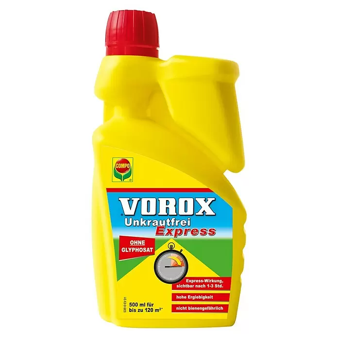 Compo Vorox Unkrautfrei Express - 500 ml - Gelbe Unkrautvernichter-Flasche mit rotem Deckel, "VOROX Unkrautfrei Express".