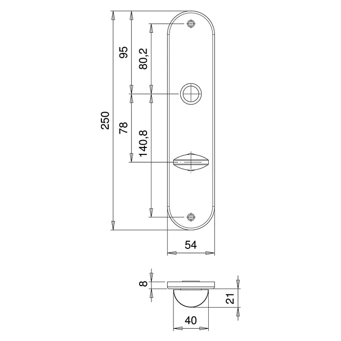 Portaferm WC-Drückergarnitur Oval - Edelstahl - Technische Zeichnung eines Türschildes mit Maßangaben zur detaillierten Ansicht, einschließlich der Abmessungen und Form des Produkts.