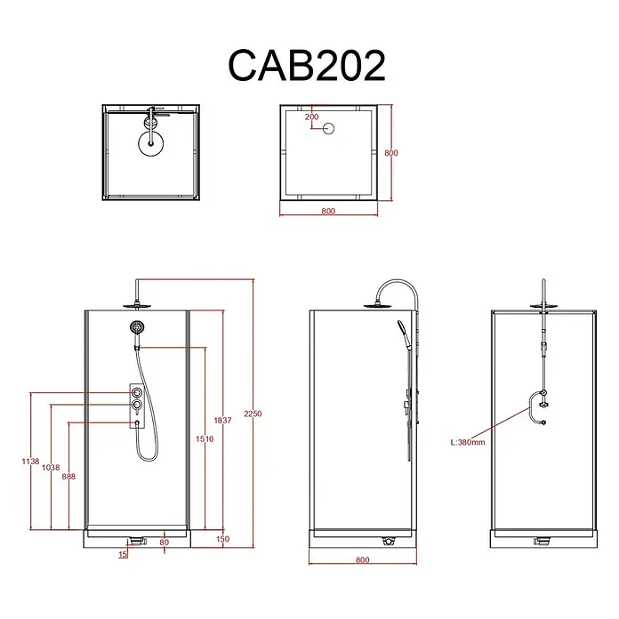 Aurlane Designdusche Metro 80 - 80 x 80 x 225 cm, Weiß/Schwarz/Silber - Technische Zeichnung einer Duschkabine CAB202 mit Maßen für Installation und Design, inklusive Höhe, Breite und Positionierung der Armaturen.