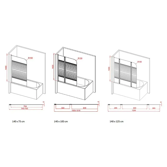 Aurlane Badewannenaufsatz White Elegance - B x H: 75 x 140 cm, 1 Stk., Weiß - Schematische Darstellung eines Duschaufsatzes mit Maßangaben, ideal für Badewannen.