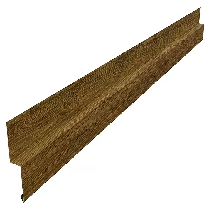 Metdach Sockelprofil WP - Goldeiche, Länge: 200 cm, Stahl - Braunes Holz-Effekt Abschlussprofil mit L-förmiger Kante.