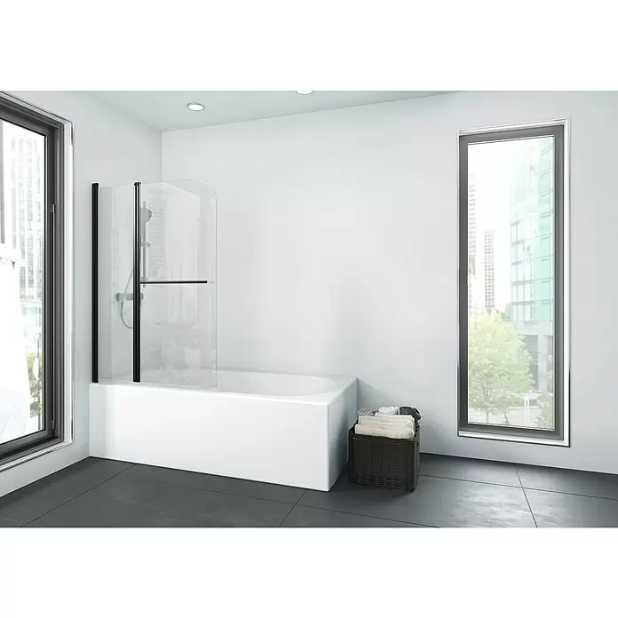 Aurlane Badewannenaufsatz Black Spirit - B x H: 100 x 140 cm, 2 Stk., Schwarz - Weiße Badewanne mit schwarz gerahmter Glasduschwand und Duschkopf in einem modernen Badezimmer.