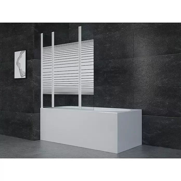 Aurlane Badewannenaufsatz White Elegance - B x H: 125 x 140 cm, 3 Stk., Weiß - Weiße Badewanne mit einem Duschschirm mit Lamellen in einem gefliesten Badezimmer.