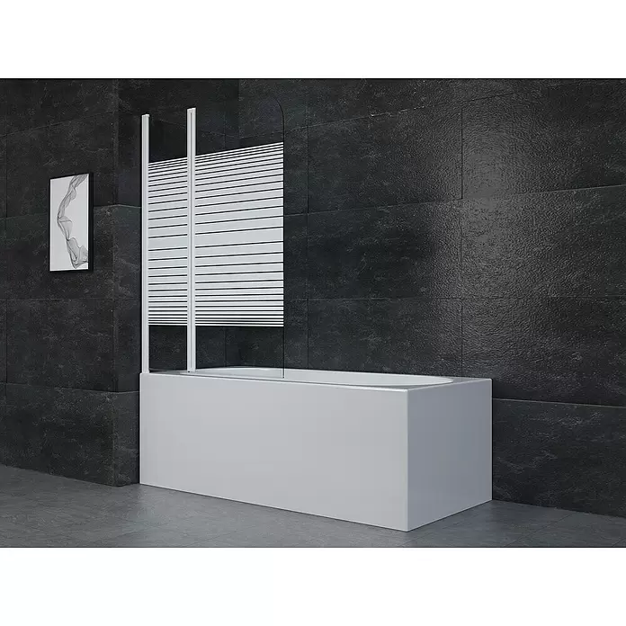 Aurlane Badewannenaufsatz White Elegance - B x H: 120 x 140 cm, 2 Stk., Weiß - Weiße rechteckige Badewanne mit einer Duschabtrennung aus Klarglas und mattiertem Glas in einem modernen Bad mit dunklen Fliesen.