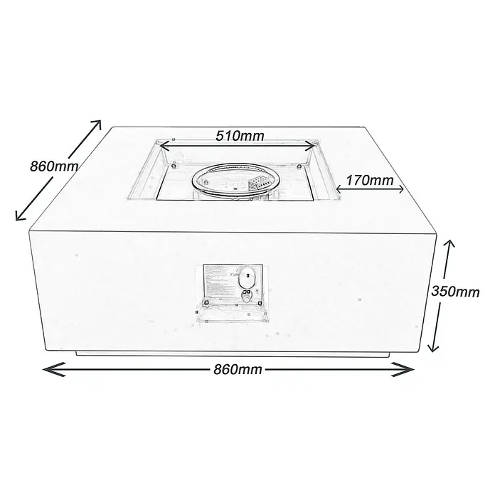Nora Flames Brasero de gas Loa - 16 kW, L x An x Al: 86 x 86 x 35 cm, Acero, Negro - Imagen de una mesa rectangular para fogatas, con medidas de 860 mm de ancho, 510 mm de longitud de fogata, 170 mm de profundidad y 350 mm de alto.