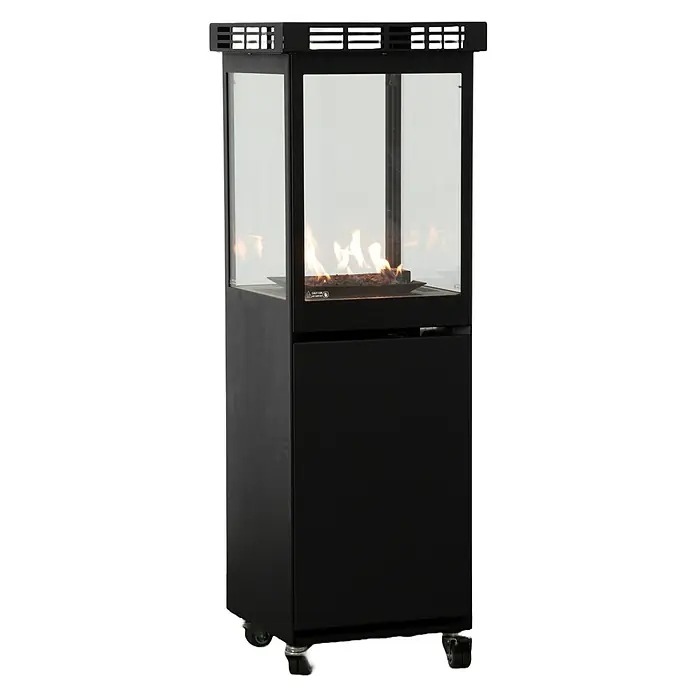 Nora Flames Estufa de exterior de gas Mavros - 8 kW, Altura: 128,5 cm, Negro - Imagen de un calentador de patio negro con cristal y llamas.