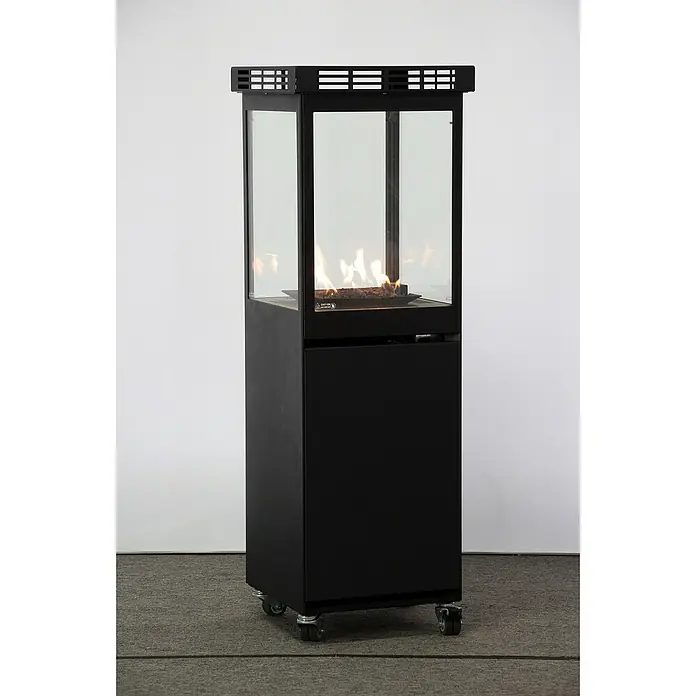 Nora Flames Estufa de exterior de gas Mavros - 8 kW, Altura: 128,5 cm, Negro - Elegante estufa de patio negra con cerramiento de vidrio, que muestra una llama acogedora, perfecta para reuniones al aire libre.