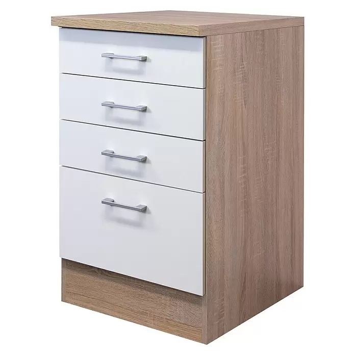 Flex-Well Samoa Küchen-Unterschrank Auszug - B x T x H: 50 x 60 x 85 cm, Weiß - Kommode mit vier weißen Schubladen, hellem Holzrahmen und silbernen Griffen.