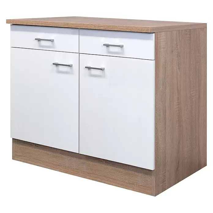 Flex-Well Samoa Küchen-Unterschrank Samoa - B x T x H: 100 x 60 x 85 cm, Weiß - Weißer und heller Holzoptik-Schrank mit zwei Schubladen, zwei Türen und silbernen Griffen.