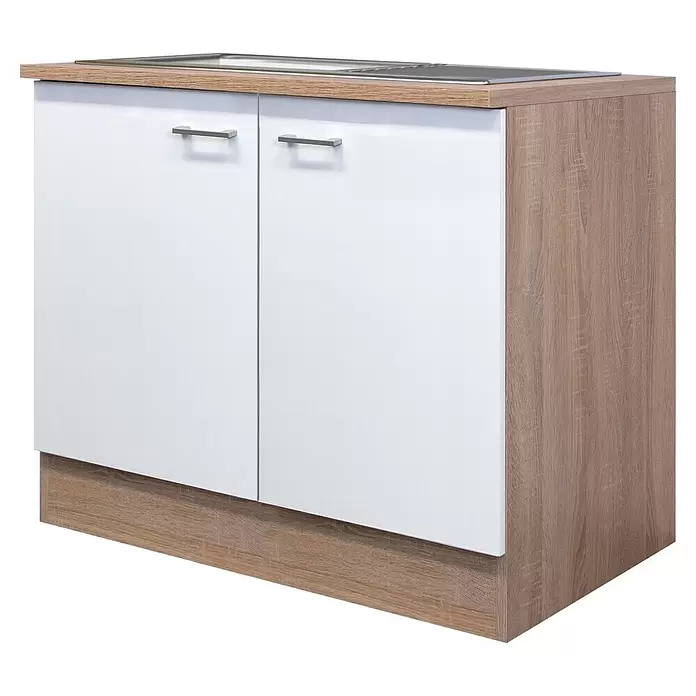 Flex-Well Samoa Spülenunterschrank Samoa - B x T x H: 100 x 60 x 85 cm, Weiß - Weißer Küchenunterschrank mit hellem Holzdekor und integrierter Spüle, ausgestattet mit zwei Türen und silbernen Griffen.