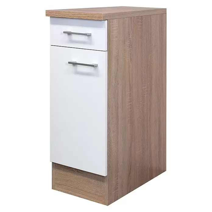 Flex-Well Samoa Küchen-Unterschrank Samoa - B x T x H: 30 x 60 x 85 cm, Weiß - Schmaler Schrank mit zwei weißen Schubladen und silbernen Griffen, helle Holzoptik an Seiten und Platte.