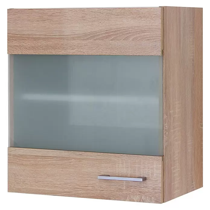Flex-Well Samoa Küchen-Hängeschrank Samoa - B x T x H: 50 x 32 x 54,8 cm, Weiß - Heller Holzmaserung-Schrank mit Milchglastür und Metallgriff.