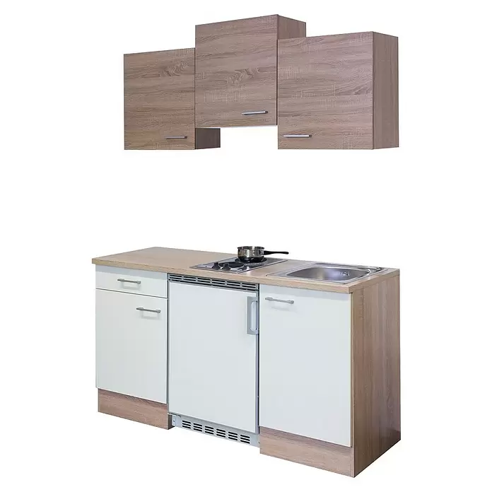 Flex-Well Singleküche Samoa - Breite: 150 cm, Weiß/Braun, Mit Elektrogeräten - Kompakte Küchenzeile mit hellen Holzoptik-Oberschränken und weißem Unterschrank mit Spüle, Kochfeld und integriertem Kühlschrank.