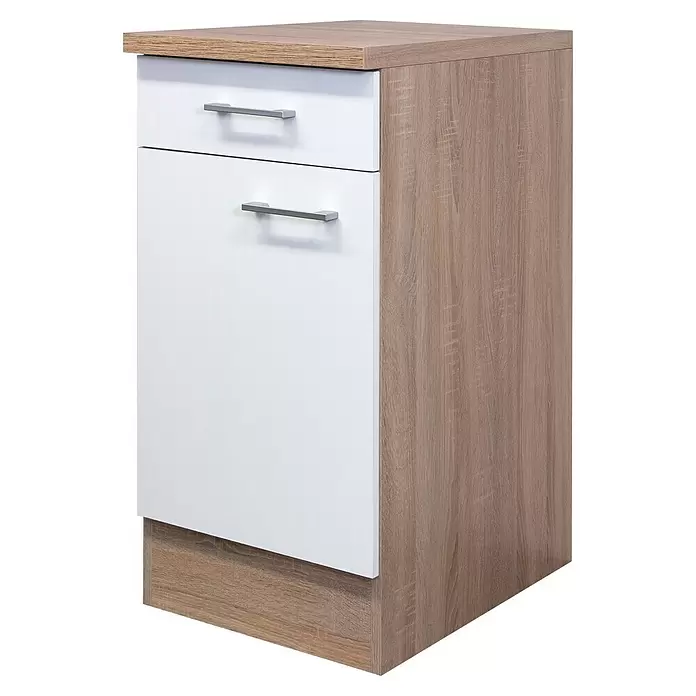 Flex-Well Samoa Unterschrank Samoa - B x T x H: 40 x 60 x 85 cm, Weiß - Zweischubladenschrank mit heller Holzoptik und weißen Fronten mit silbernen Griffen.