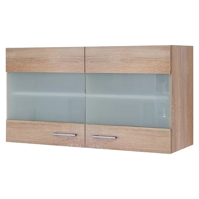 Flex-Well Samoa Küchen-Hängeschrank Samoa - B x T x H: 100 x 32 x 54,8 cm, Braun - Heller Hängeschrank aus Holz mit zwei oberen Holztüren, zwei mittleren Milchglastüren und zwei unteren Schubladen mit silbernen Griffen.