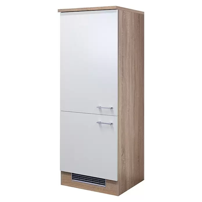 Flex-Well Samoa Geräteumbauschrank Samoa - B x T x H: 60 x 60 x 161 cm, Weiß - Hoher weißer und heller Holz-Einbauschrank mit zwei Türen, silbernen Griffen und Lüftungsgitter.