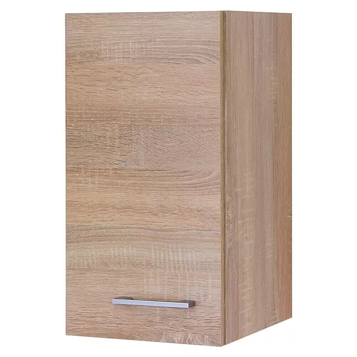 Flex-Well Samoa Küchen-Hängeschrank Samoa - B x T x H: 30 x 32 x 54,8 cm, Braun - Heller Schrank mit Holzmaserung, Einzeltür und silbernem Griff.