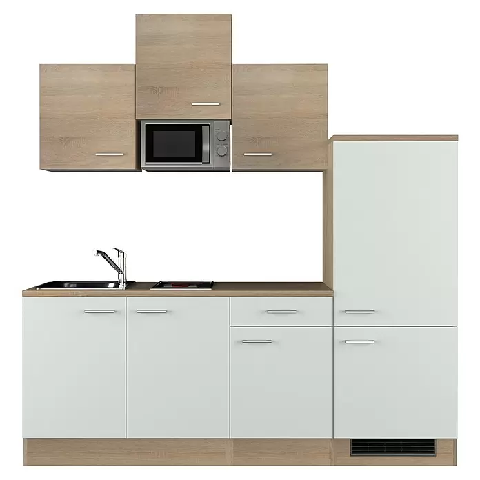 Flex-Well Samoa Singleküche mit Mikrowelle - Breite: 210 cm, Weiß/Braun, Mit Elektrogeräten - Kompakte Küchenzeile mit hellen Holz-Oberschränken und weißen Unterschränken, integrierter Spüle, Kochfeld, Mikrowelle und hohem Schrank.