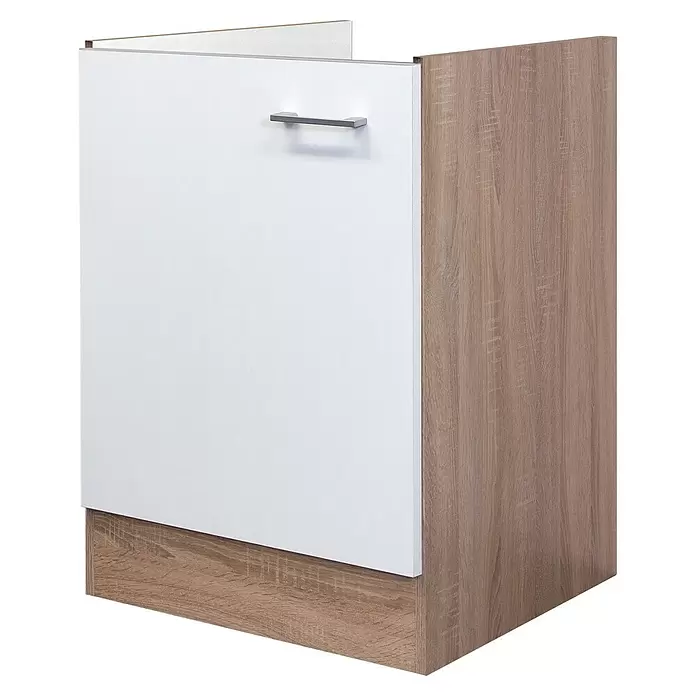 Flex-Well Samoa Spülenunterschrank Samoa - B x T x H: 50 x 57 x 82 cm, Weiß - Weißer Küchenunterschrank mit Holzoptik-Seite und -Sockel, mit silbernem Griff.