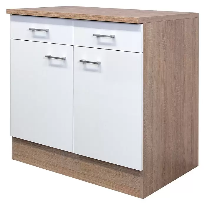 Flex-Well Samoa Küchen-Unterschrank Samoa - B x T x H: 80 x 60 x 85 cm, Weiß - Kleiner Schrank mit hellem Holzdekorrahmen, weißen Schubladen- und Türfronten sowie silbernen Griffen.