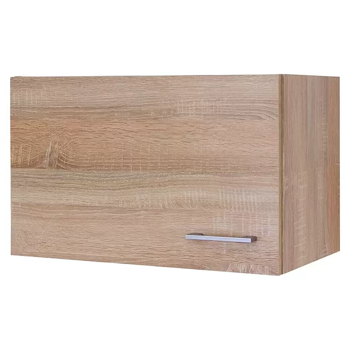 Flex-Well Samoa Singleküche - Breite: 210 cm, Weiß/Braun, Mit 2-Zonen-Glaskeramikkochfeld und Mikrowelle - Hellbrauner Küchenschrank in Holzoptik mit silbernem Griff.