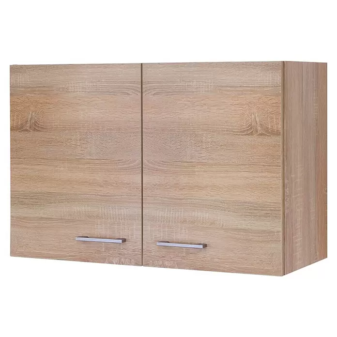 Flex-Well Samoa Küchen-Hängeschrank Samoa - B x T x H: 80 x 32 x 54,8 cm, Braun - Hellbrauner zweitüriger Wandschrank mit silbernen Griffen.